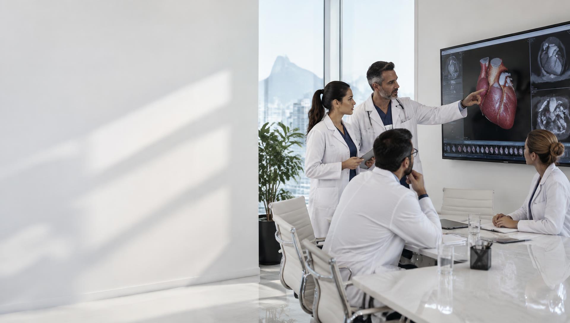 Imagem ilustrativa de uma equipe médica discutindo um caso cardiovascular